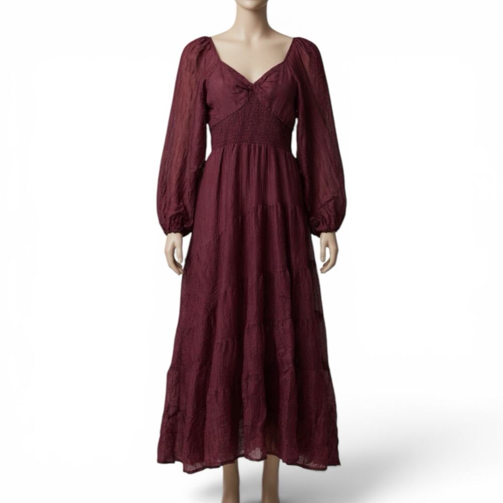 West Fade Smocked Guazey Chiffon Pull Sleeve Maxi Dress Burgundy Size Medium